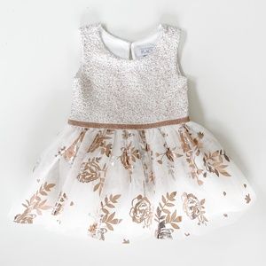 Baby Girl White Knit to Woven Dress w Rose Gold Foil